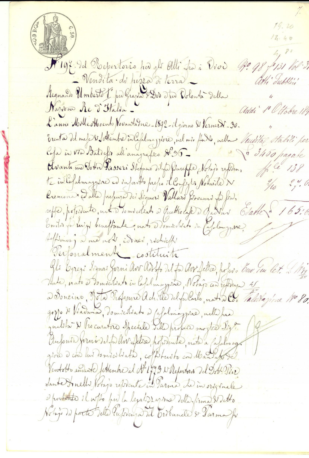 Documento originale, autentico 1892 CASALBELLOTTO CR Adolfo GORNI vende fondo ai fratelli LODIRIZZONI 1