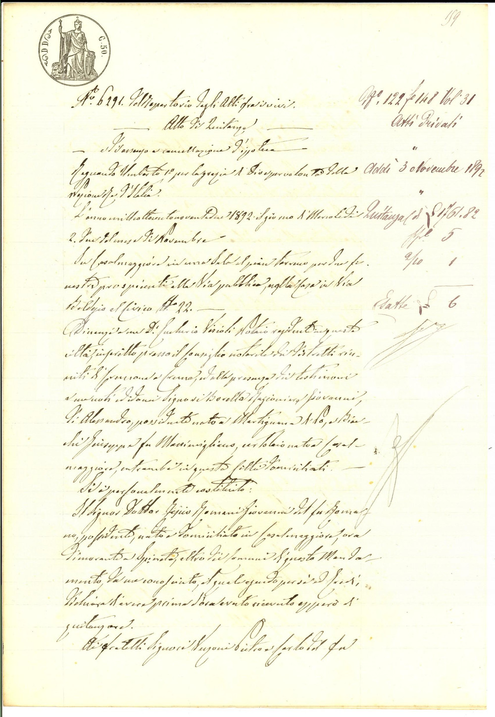 Documento originale, autentico 1892 CASALMAGGIORE Quietanza per saldo fratelli Pietro e Carlo VERZONI 1