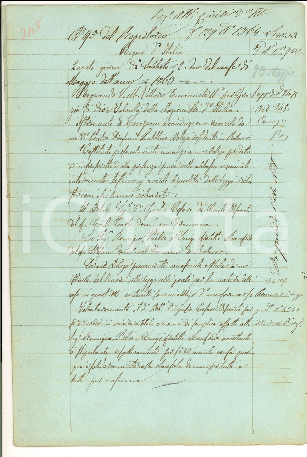 Documento originale, autentico 1869 ROBECCO D OGLIO Ulpidio Cesare VISCONTI concede in affitto podere CANOVA 1