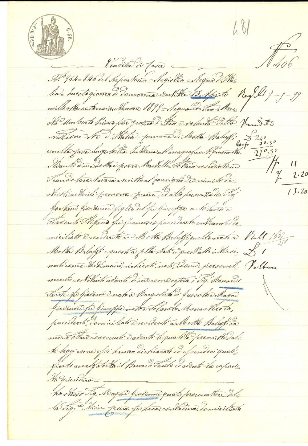 Documento originale, autentico 1899 MOTTA BALUFFI CR Cesira ARINI vende porzione di casa a Santo BERNARDI 1