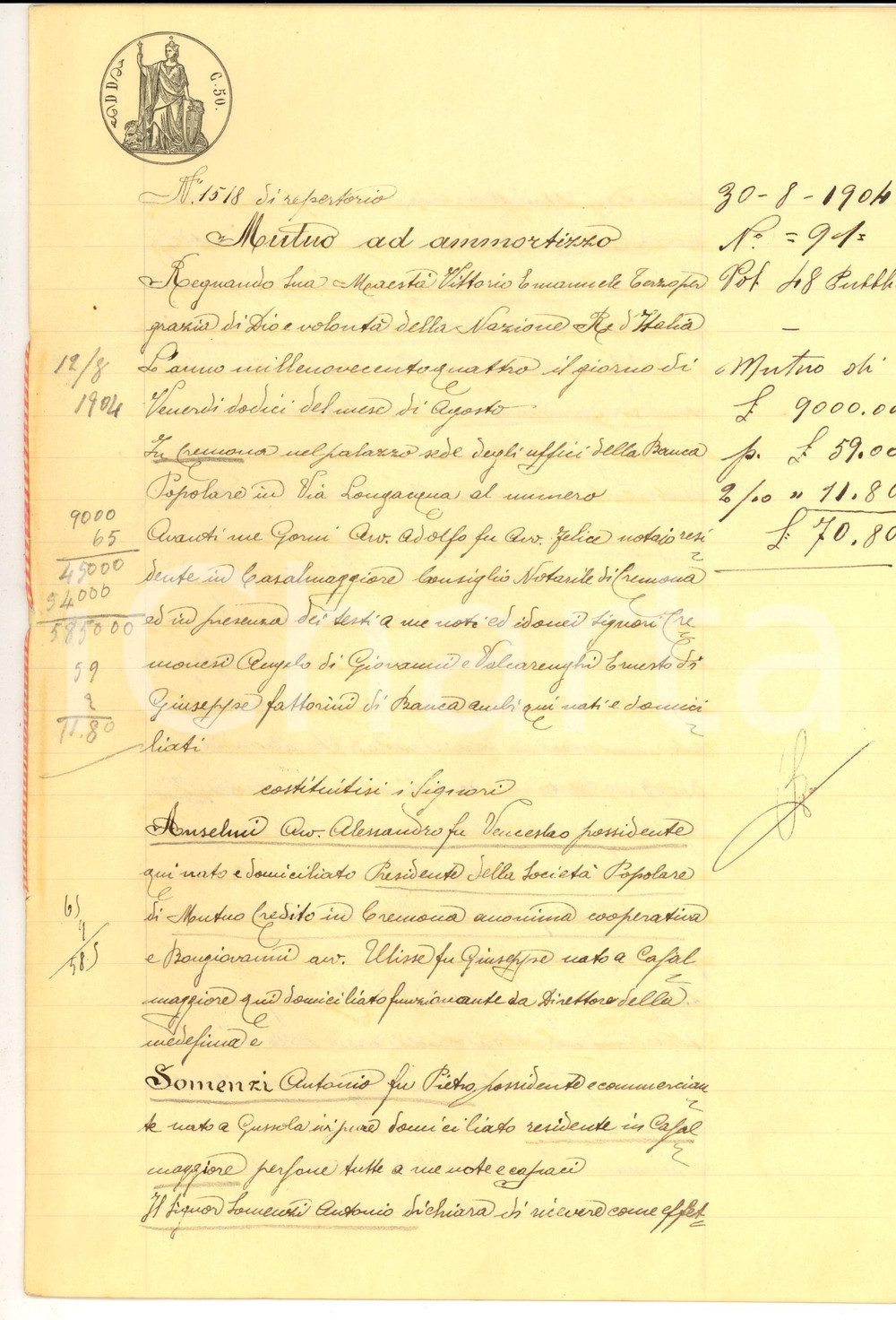 Documento originale, autentico 1904 CREMONA Prestito SocietÃ  Popolare di Mutuo Credito ad Antonio SOMENZI 1
