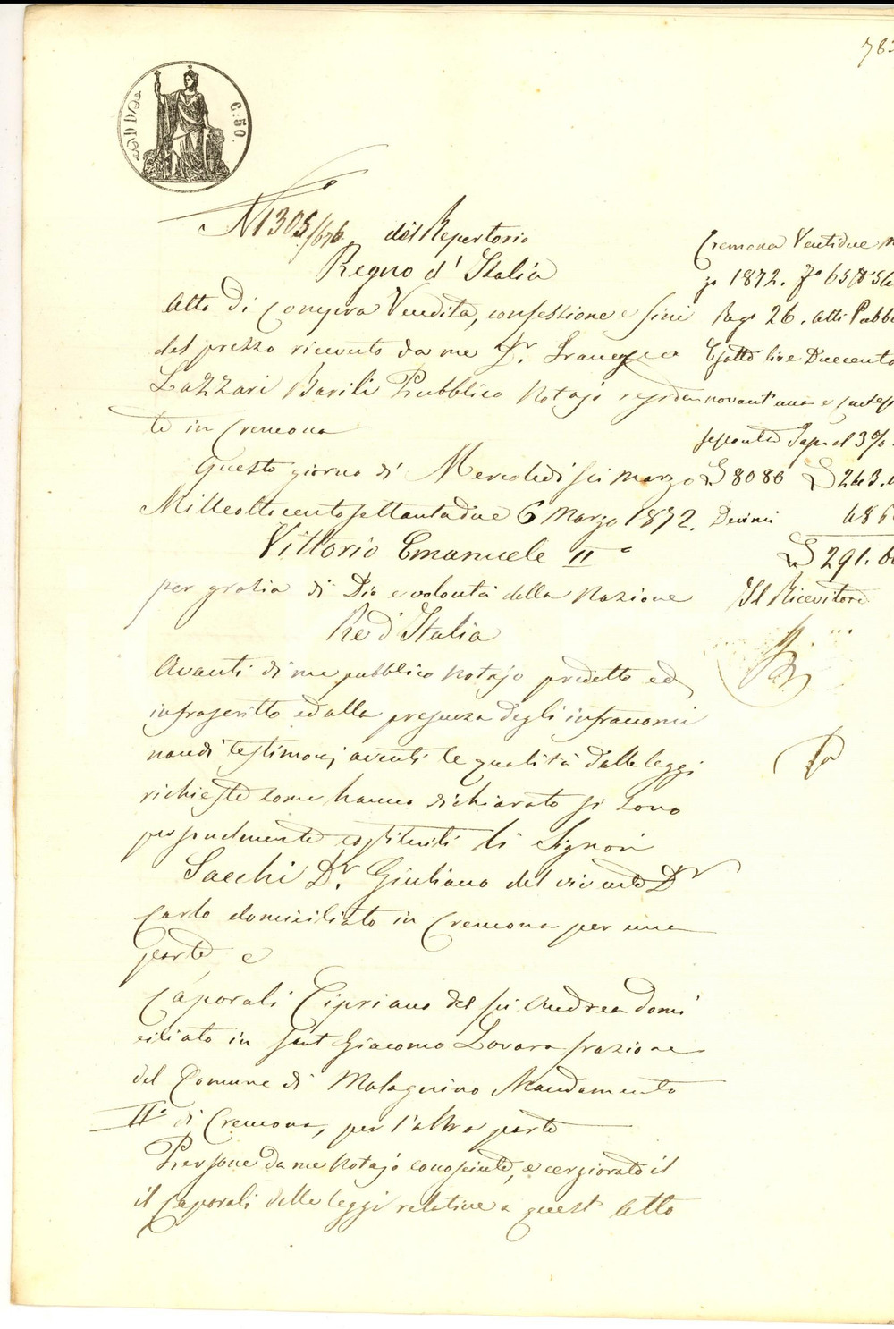 Documento originale, autentico 1872 DUEMIGLIA / CREMONA Giuliano SACCHI vende terra a Cipriano CAPORALI 1