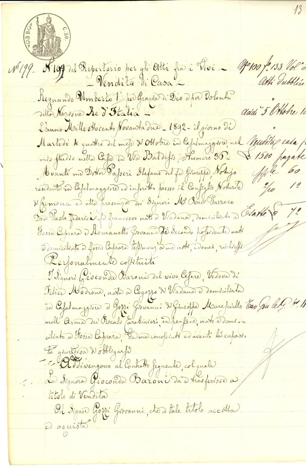 Documento originale, autentico 1892 FOSSACAPRARA Gioconda BARONI vende casa a Giovanni GOZZI Manoscritto 1