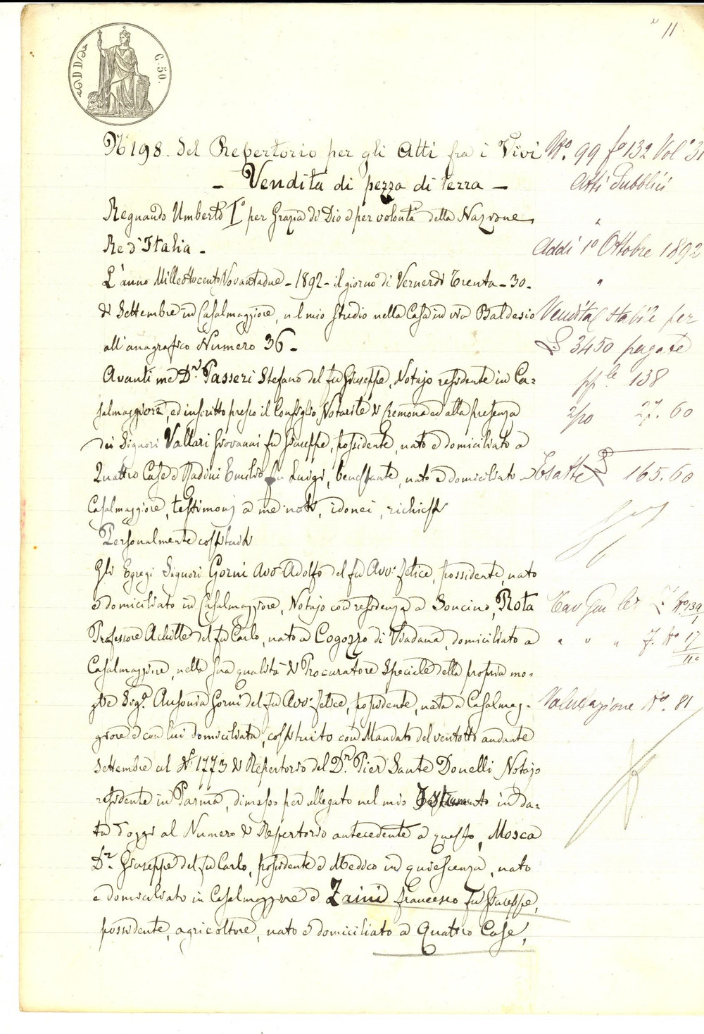 Documento originale, autentico 1892 CASALBELLOTTO CR Adolfo GORNI vende fondo MOTTAIOLA a Francesco ZAINI 1