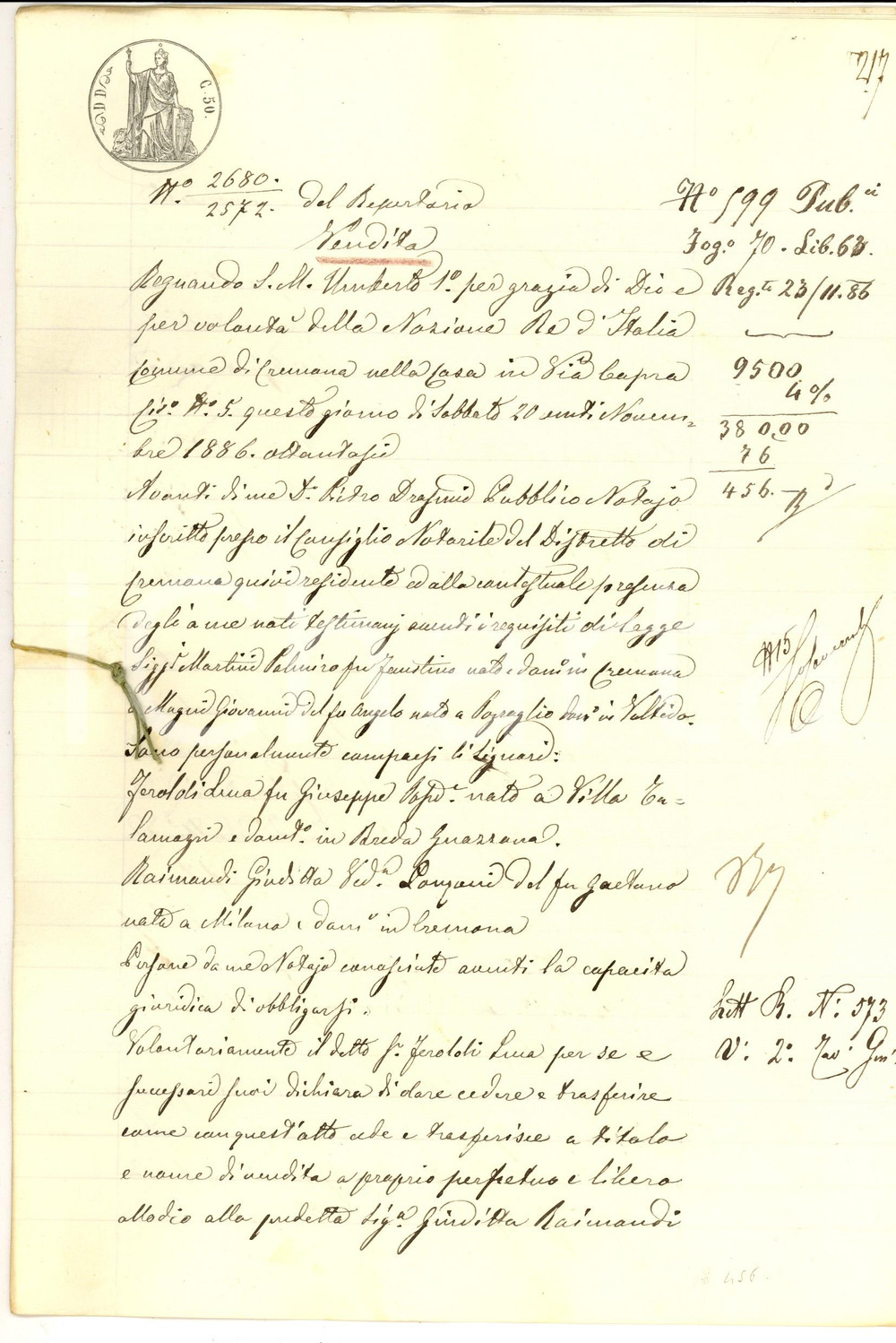 Documento originale, autentico 1886 COLOMBAROLO CR Luca FEROLDI vende terreni alla vedova Giuditta RAIMONDI 1