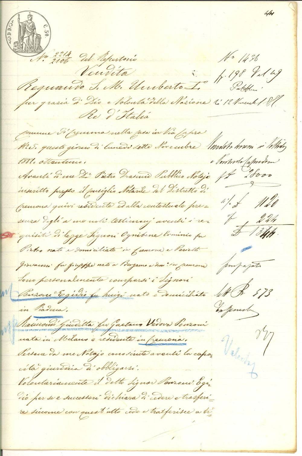 Documento originale, autentico 1881 COLOMBAROLO CR Egidio PONZONI vende podere alla vedova Giuditta RAIMONDI 1