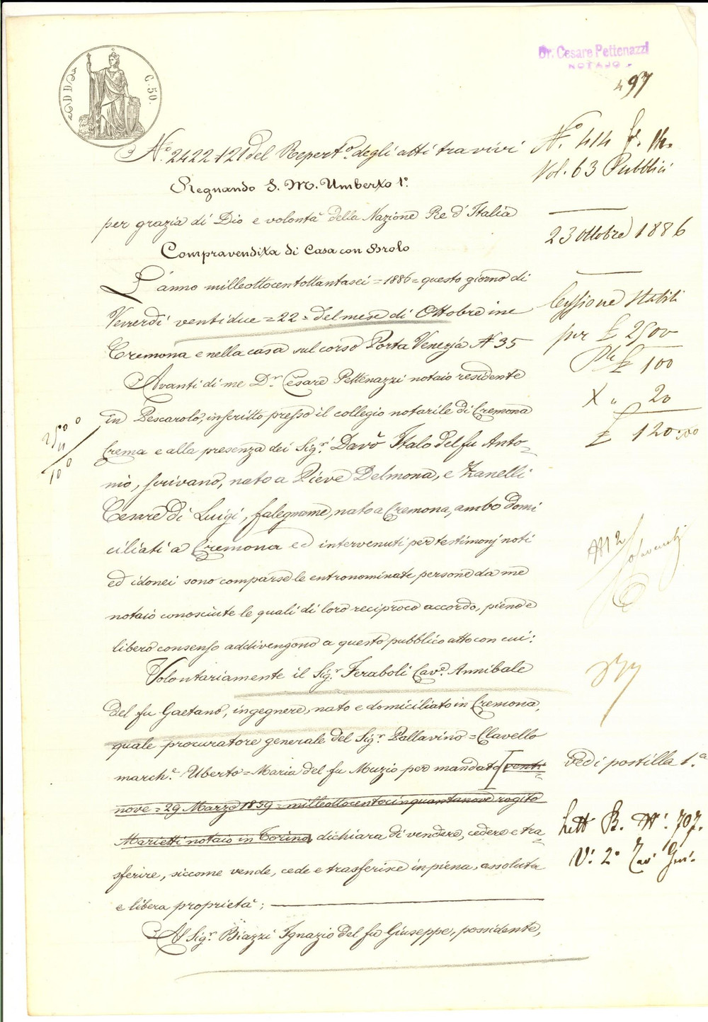 Documento originale, autentico 1886 CA  DE QUINZANI Annibale FERABOLI vende casa con brolo a Ignazio BIAZZI 1