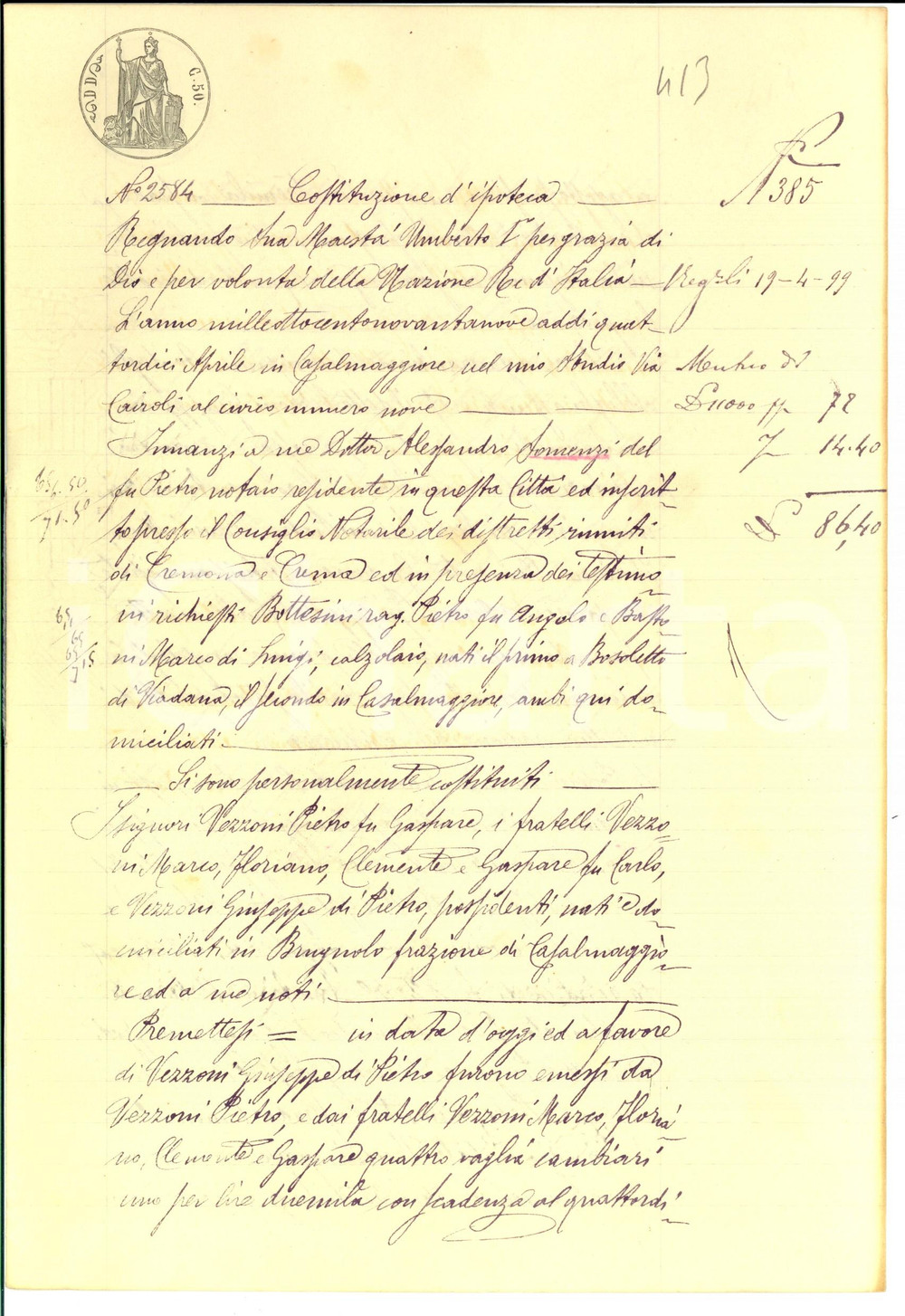 Documento originale, autentico 1899 BRUGNOLO CR Costituzione ipoteca su poderi pro Giuseppe VEZZONI 1