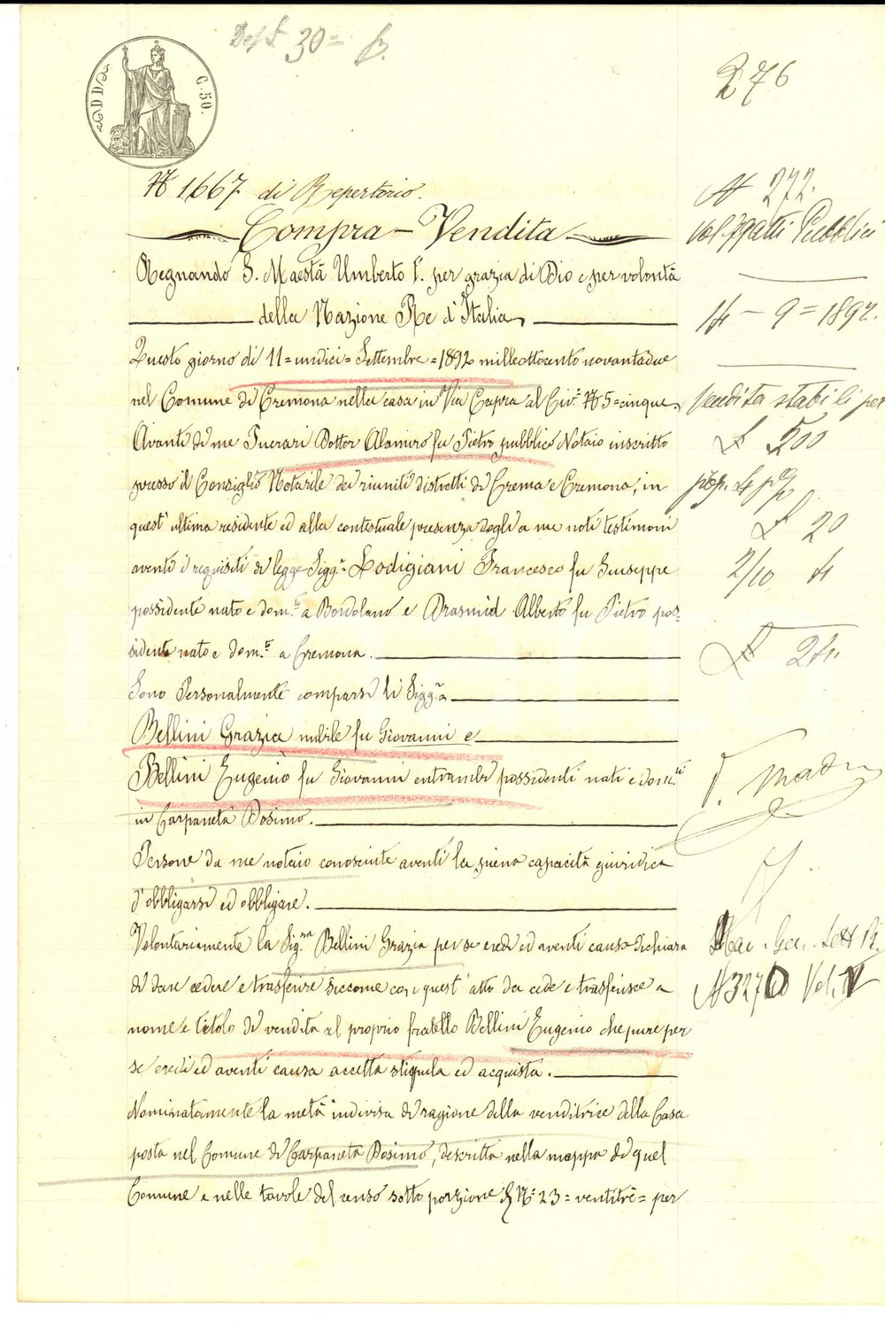 Documento originale, autentico 1892 PERSICO DOSIMO CR Grazia BELLINI vende metÃ  casa al fratello Eugenio 1