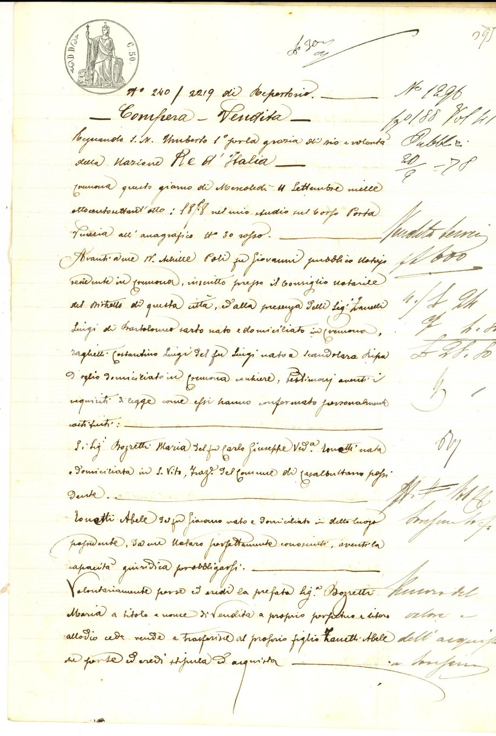 Documento originale, autentico 1878 CAVALLARA Maria BOZZETTI vende campo TRABALLINO al figlio Abele ZANETTI 1