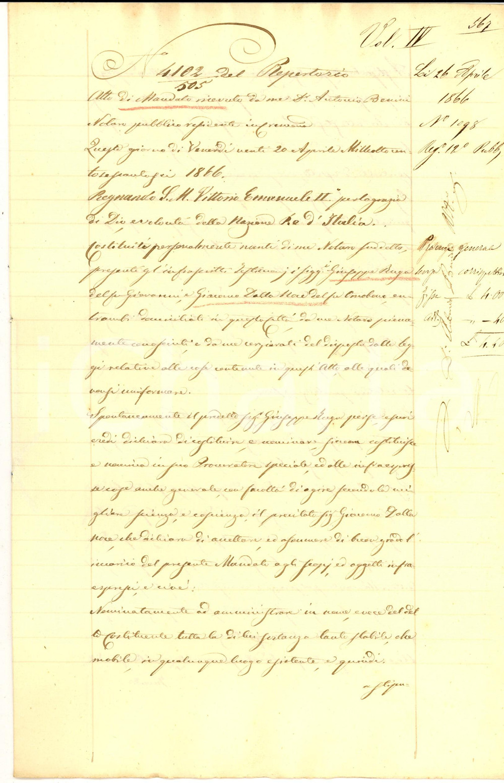 Documento originale, autentico 1866 CREMONA Mandato di procura Giuseppe RUGA a Giacomo DALLA NOCE Manoscritto 1