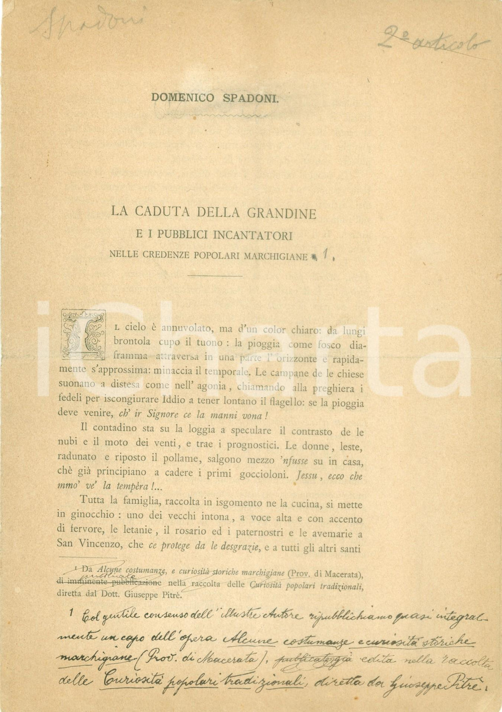 Autografo originale 1898 Domenico SPADONI Caduta della grandine e i pubblici incantatori AUTOGRAFO 1