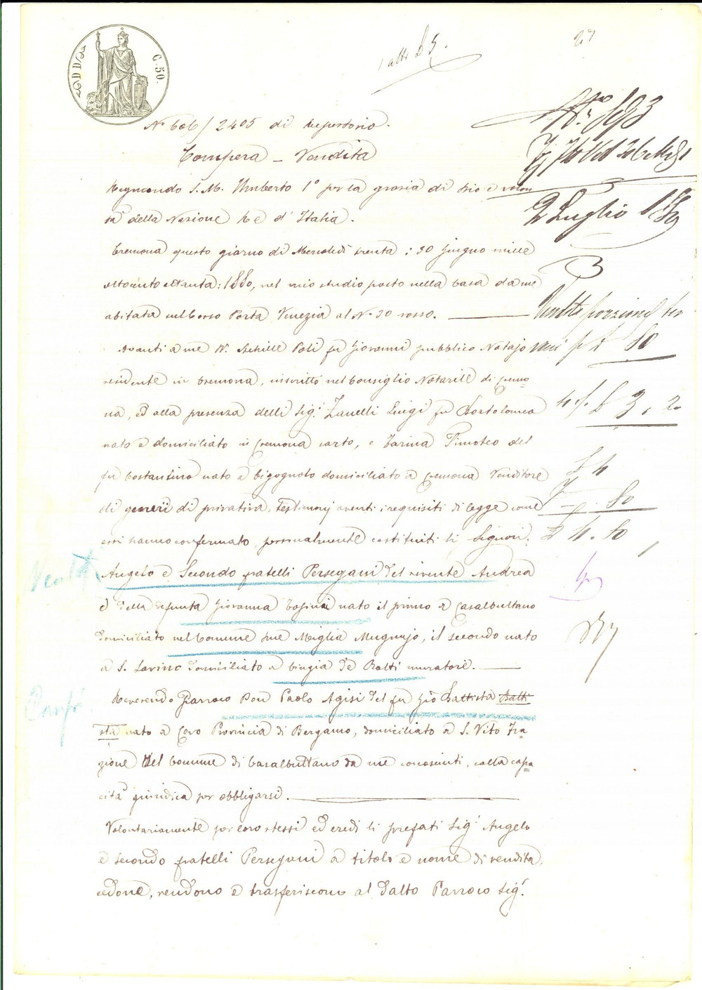 Documento originale, autentico 1880 CAVALLARA CR Angelo e Secondo PERSEGANI vendono fondo a don Paolo AGISI 1