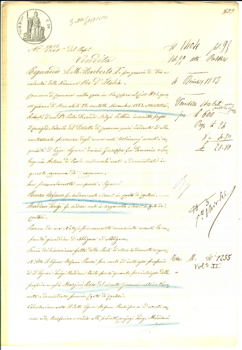 Documento originale, autentico 1883 CORTE DE  CORTESI Stefano RENZI vende terra BREDA ai coniugi MONDONI 1