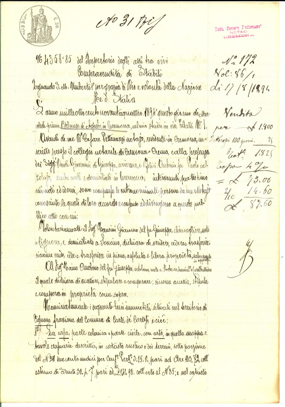 Documento originale, autentico 1894 CORTE DE  CORTESI Giacomo TANZINI vende casa colonica a Omobono TAINO 1