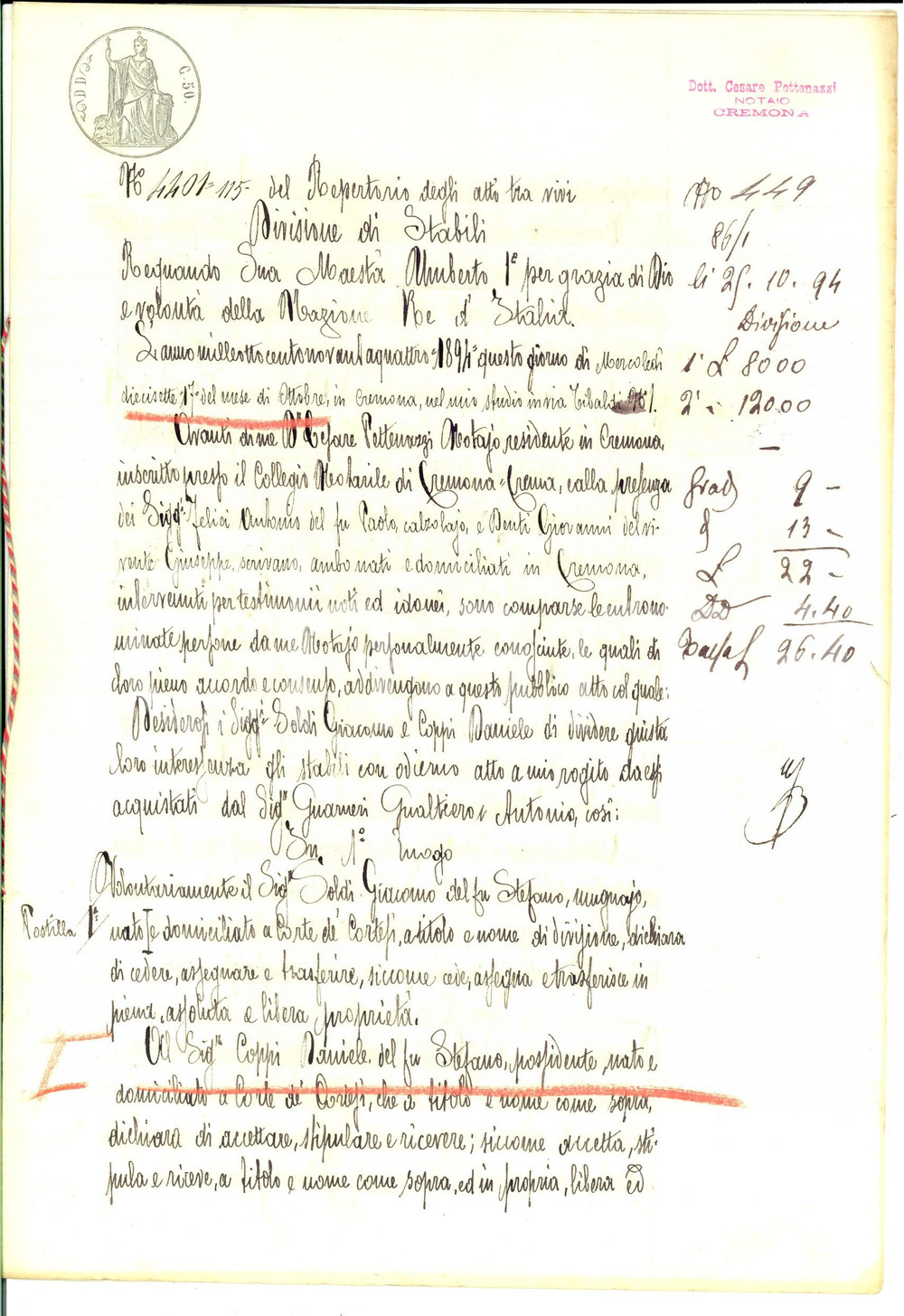 Documento originale, autentico 1894 CORTE DE  CORTESI Giacomo SOLDI vende campo ORTAGLIETTA a Daniele COPPI 1