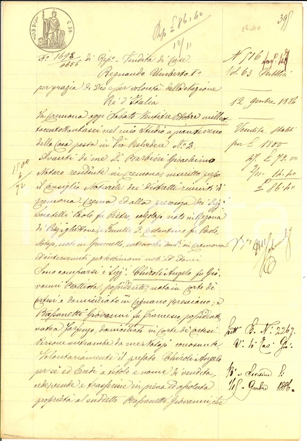 Documento originale, autentico 1886 CORTE DE  CORTESI Angelo CHIROLI vende a Giovanni BASSANETTI casa colonica 1