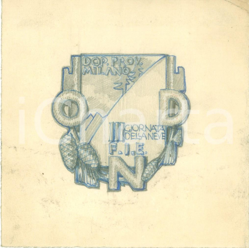 Stampa, bozzetto originale 1935 ca MILANO Giornata Neve Provinciale Bozzetto DISEGNATO A MANO per medaglia 1