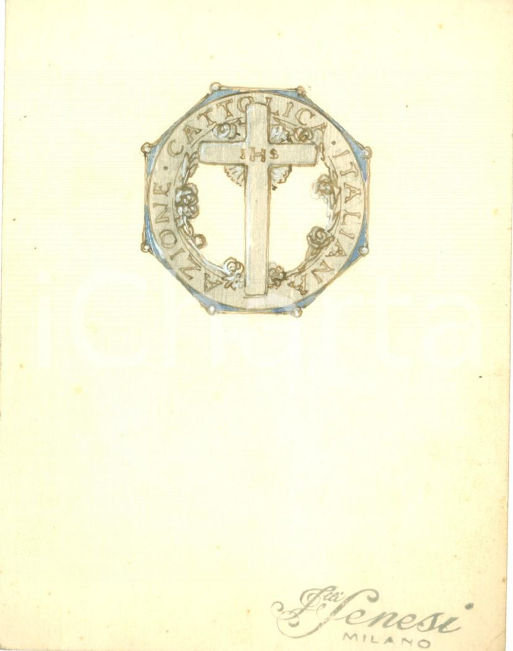 Stampa, bozzetto originale 1935 ca MILANO Azione Cattolica Italiana Bozzetto DISEGNATO A MANO medaglia 3 1