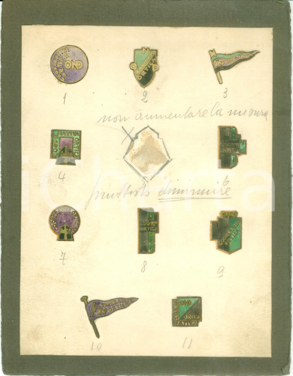 Stampa, bozzetto originale 1935 MILANO O.N.D. Cooperativa ORTICA Bozzetto DISEGNATO A MANO per medagliette 1