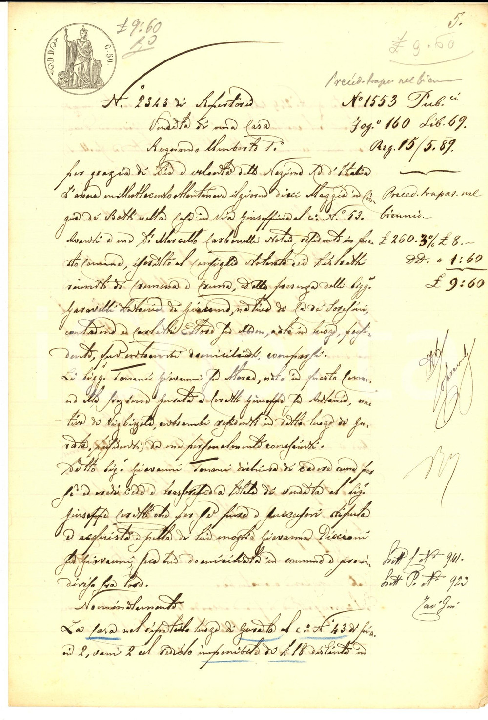 Documento originale, autentico 1889 GURATA/ CINGIA DE  BOTTI Giovanni TORSANI vende casa a Giuseppe CERETTI 1