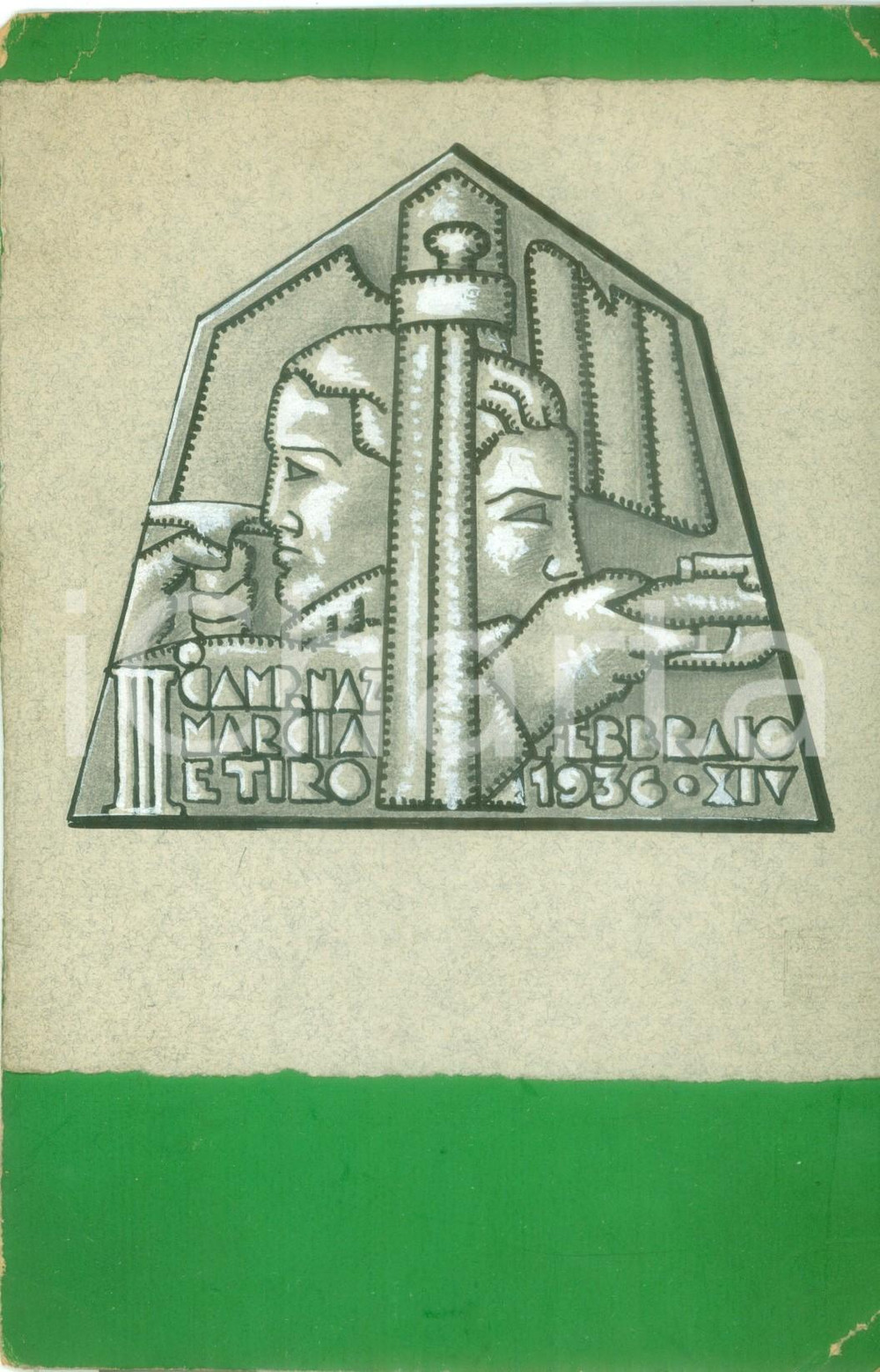Stampa, bozzetto originale 1936 MILANO III Campionato marcia e tiro Bozzetto DISEGNATO A MANO per medaglia 1