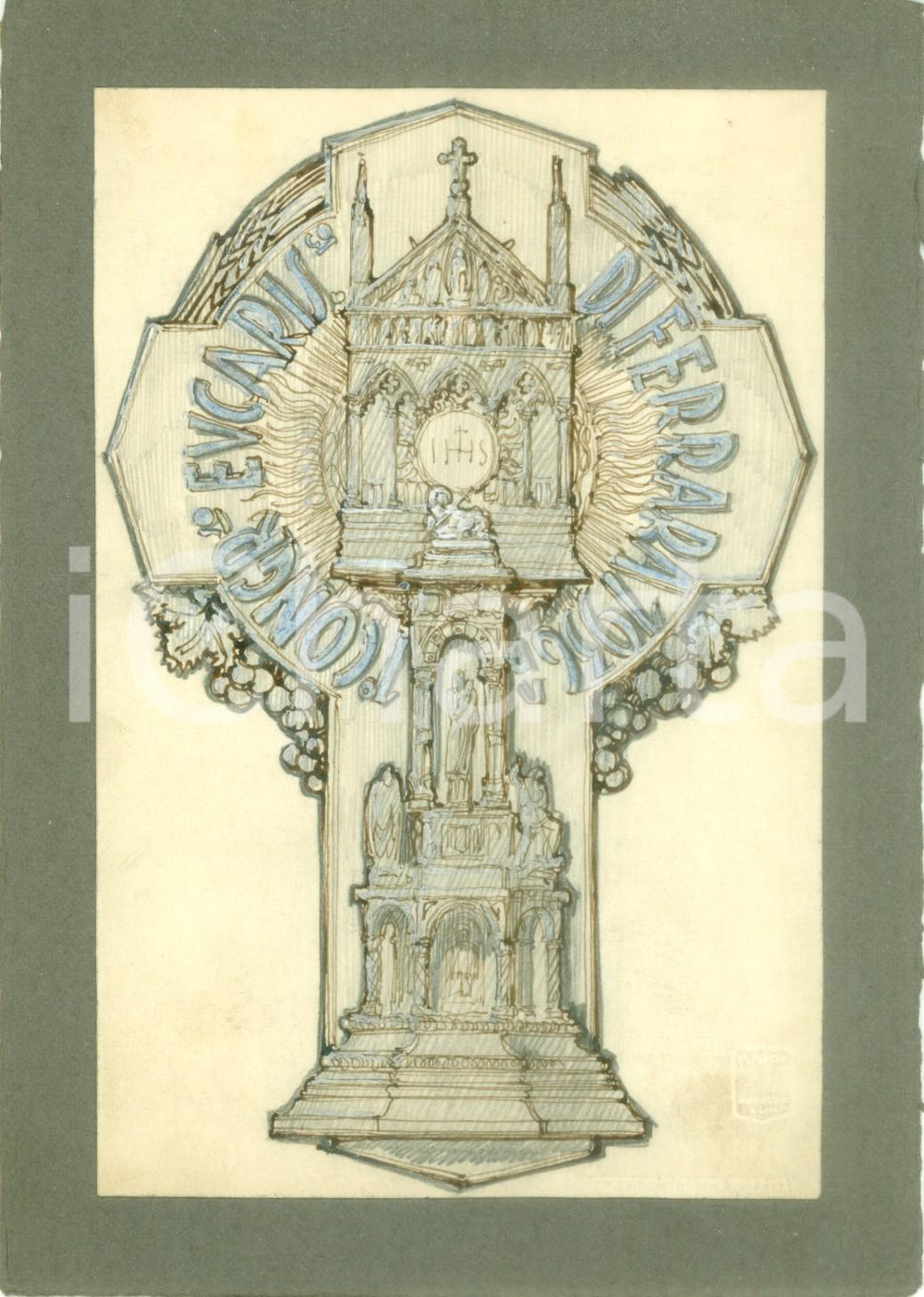 Stampa, bozzetto originale 1936 FERRARA I Congresso Eucaristico Bozzetto DISEGNATO A MANO per medaglia 1