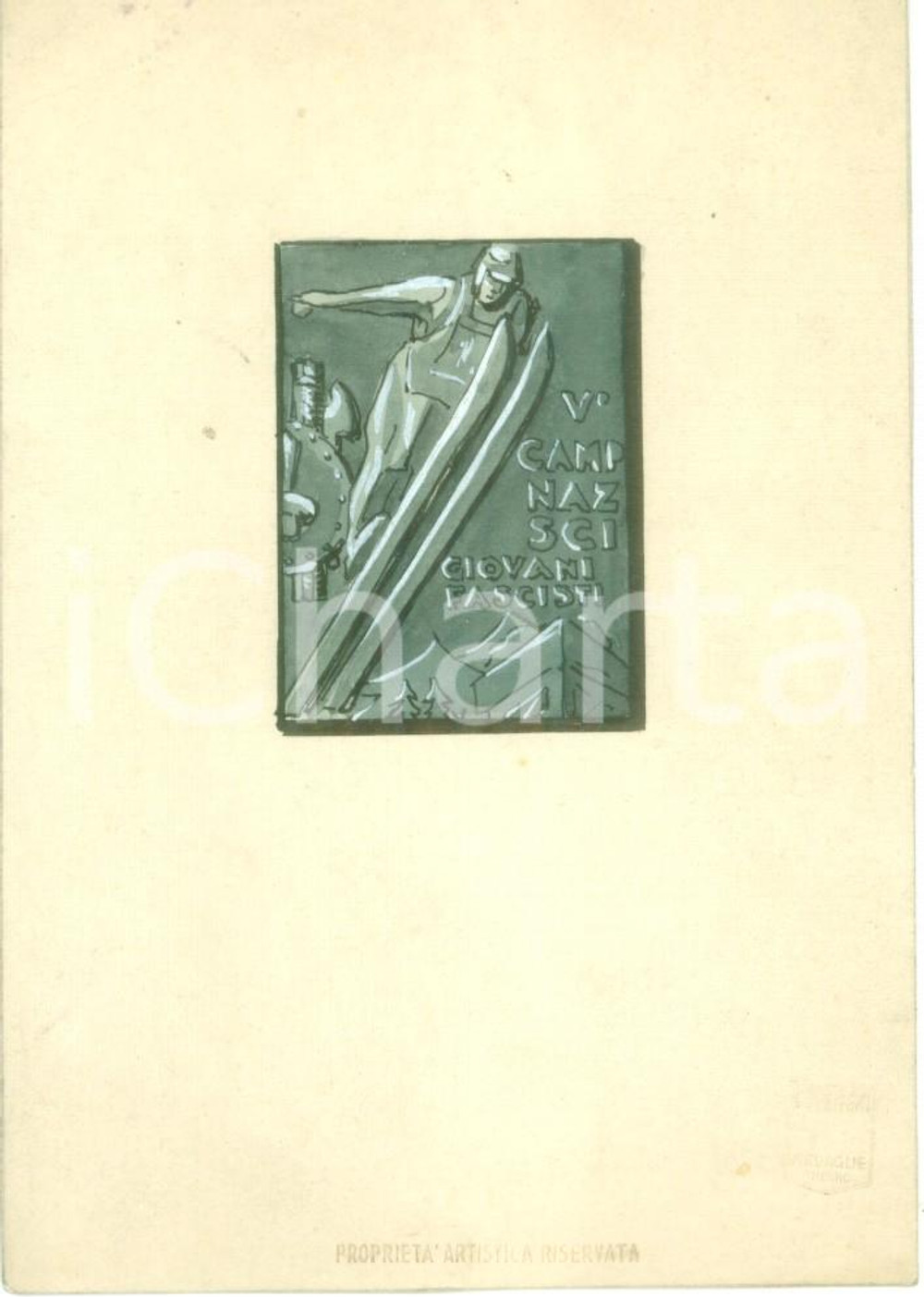 Stampa, bozzetto originale 1935 ca CORTINA ? VI Campionato sci Giovani Fascisti Bozzetto DISEGNATO A MANO 1