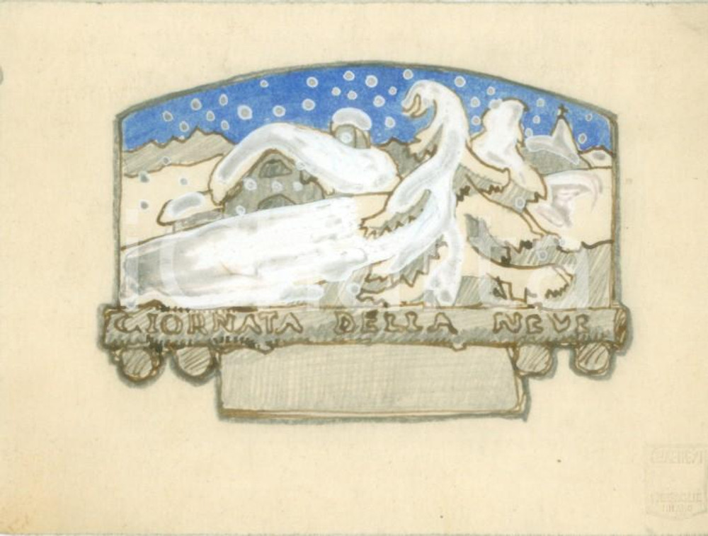 Stampa, bozzetto originale 1935 ca O.N.D. Giornata della Neve Bozzetto DISEGNATO A MANO per medaglia 1