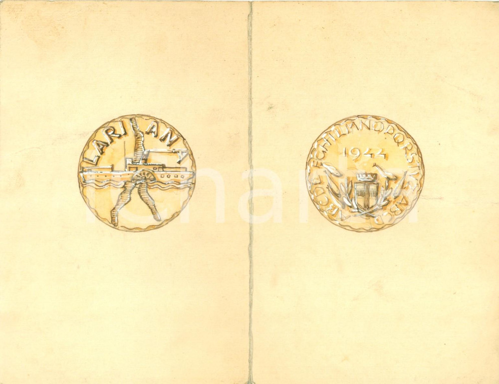 Stampa, bozzetto originale 1944 COMO SocietÃ  Navigazione LARIANA Bozzetto DISEGNATO A MANO per medaglia 1