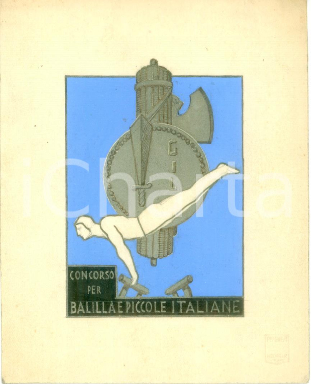 Stampa, bozzetto originale 1935 ca MILANO GIL Concorso Balilla Piccole Italiane Bozzetto DISEGNATO A MANO 1