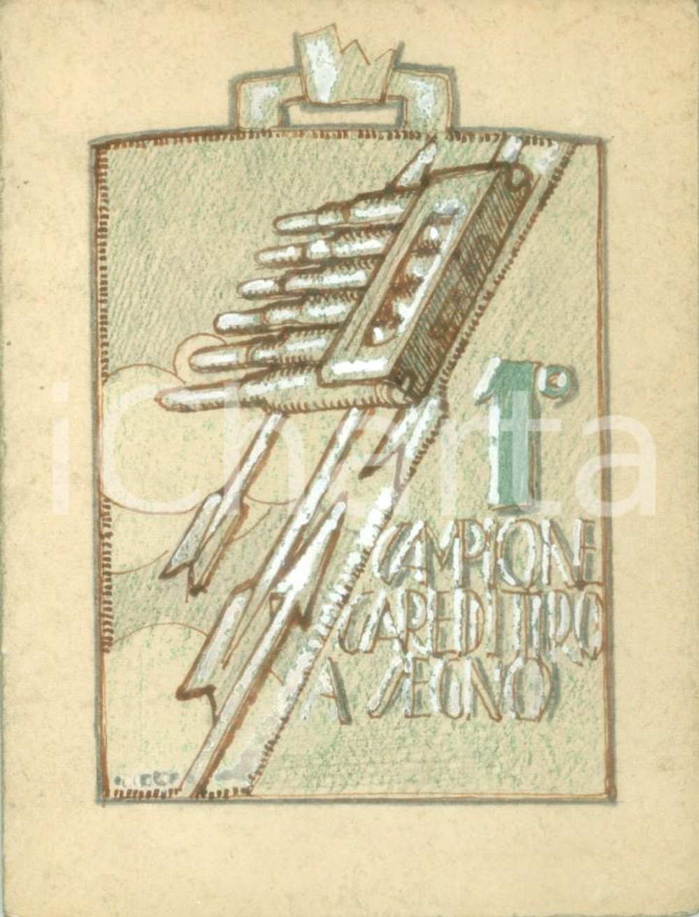 Stampa, bozzetto originale 1935 ca MILANO I Campionato gare tiro a segno Bozzetto DISEGNATO A MANO 1