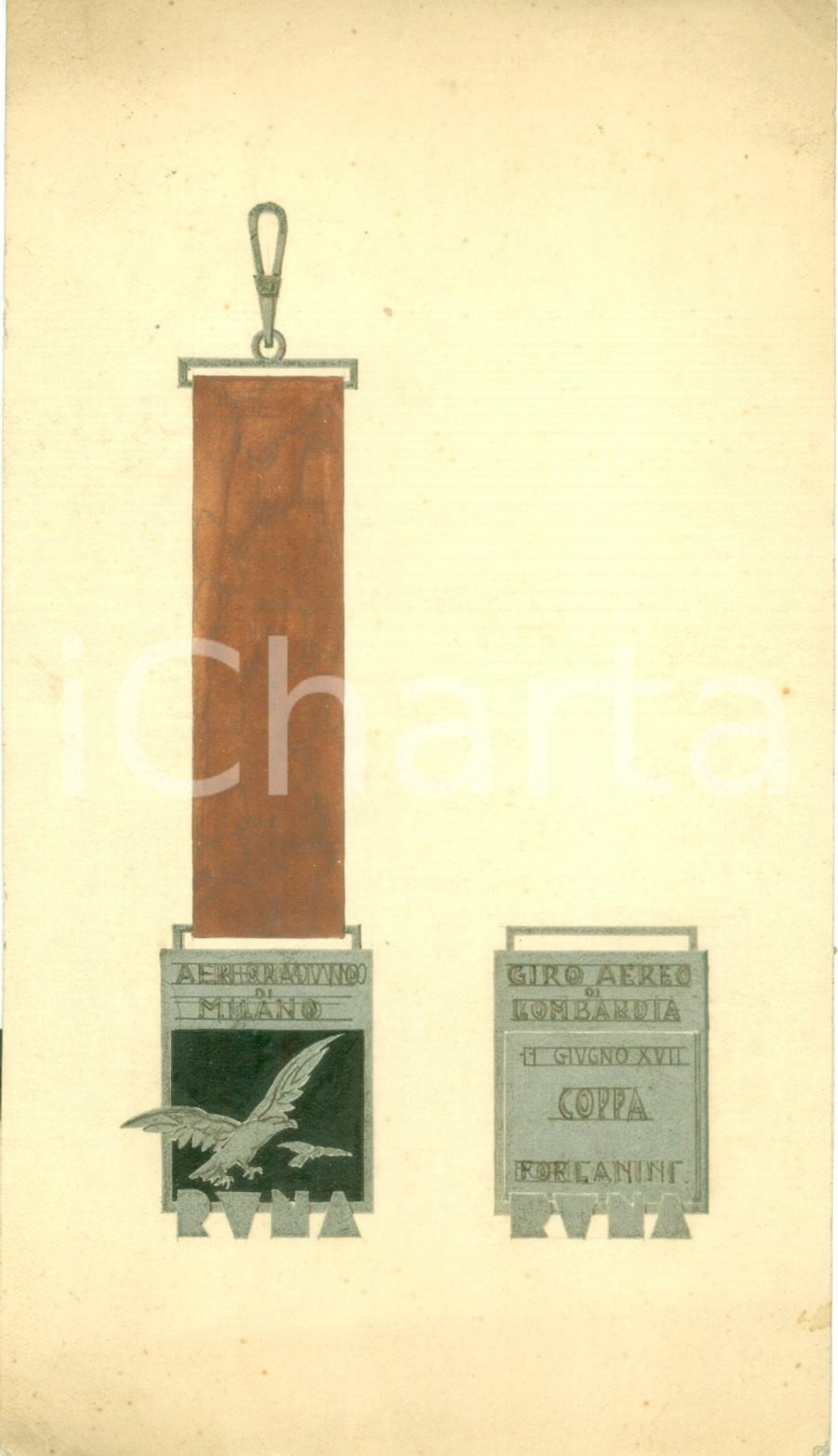 Stampa, bozzetto originale 1939 MILANO Aeroraduno Coppa FORLANINI Bozzetto DISEGNATO A MANO per medaglia 1