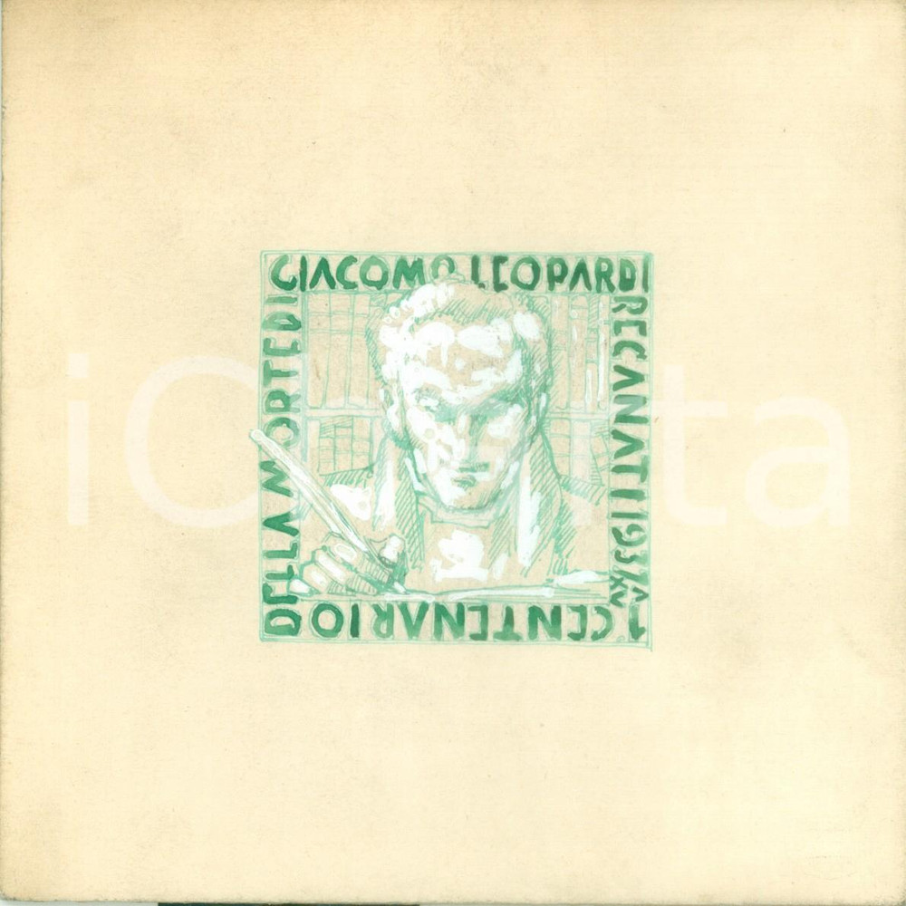 Stampa, bozzetto originale 1937 RECANATI I Centenario morte Giacomo LEOPARDI Bozzetto DISEGNATO A MANO 1