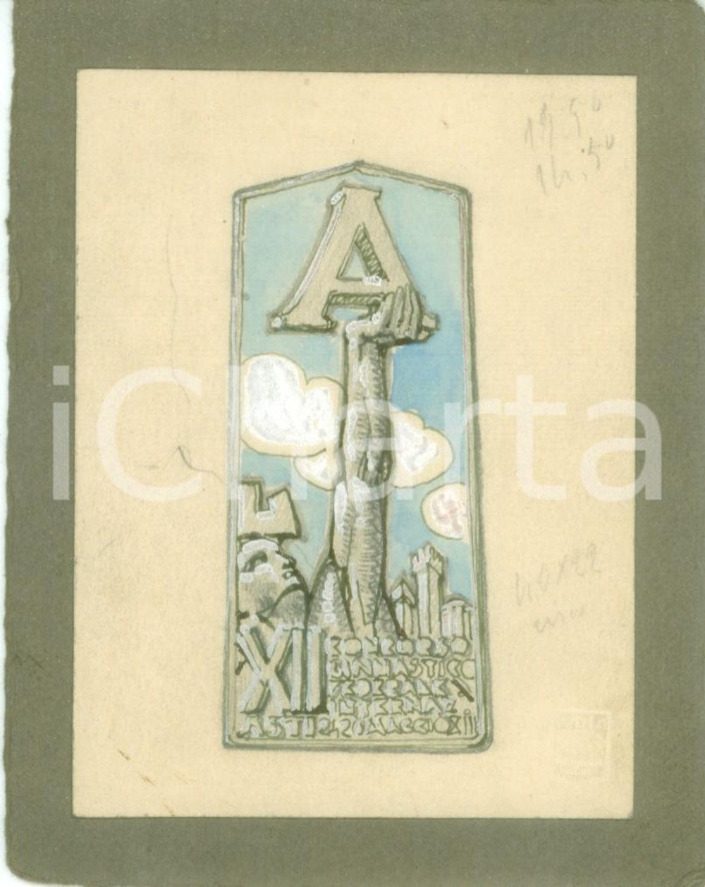 Stampa, bozzetto originale 1935 ASTI Concorso Ginnastico Internazionale Bozzetto DISEGNATO A MANO medaglia 1