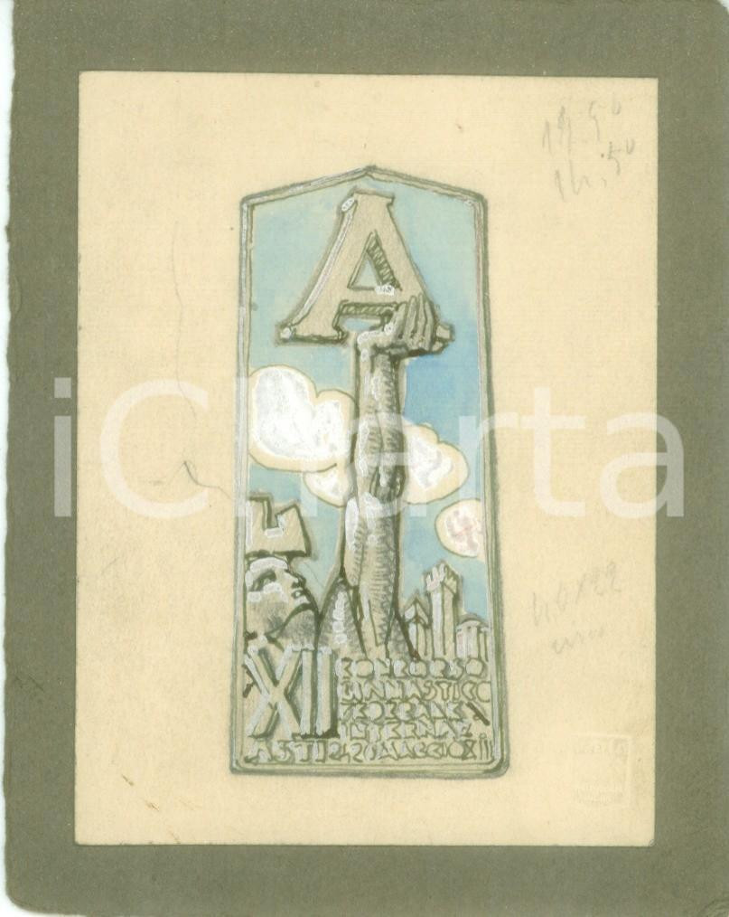 Stampa, bozzetto originale 1935 ASTI Concorso Ginnastico Internazionale Bozzetto DISEGNATO A MANO medaglia 1