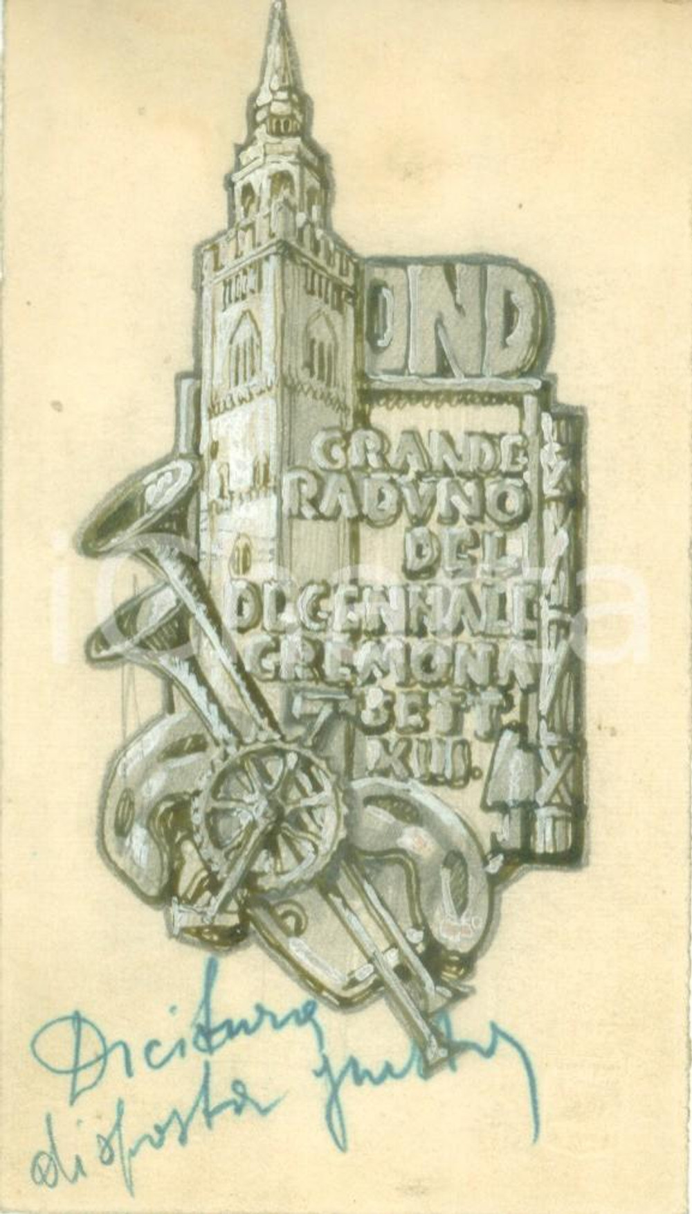 Stampa, bozzetto originale 1935 CREMONA Grande Raduno Decennale OND Bozzetto DISEGNATO A MANO per medaglia 1