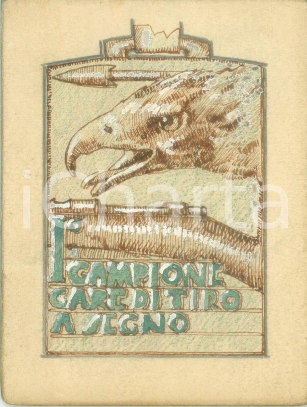 Stampa, bozzetto originale 1935 ca TIRO A SEGNO I Campionato gare Bozzetto DISEGNATO A MANO per medaglia 1
