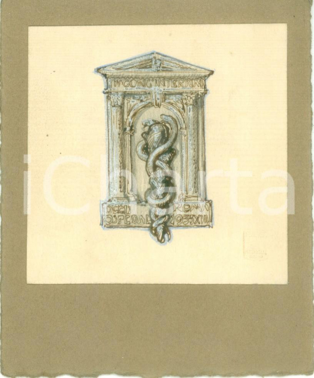 Stampa, bozzetto originale 1935 ROMA Congresso Internazionale Ospedali Bozzetto DISEGNATO A MANO medaglia 1