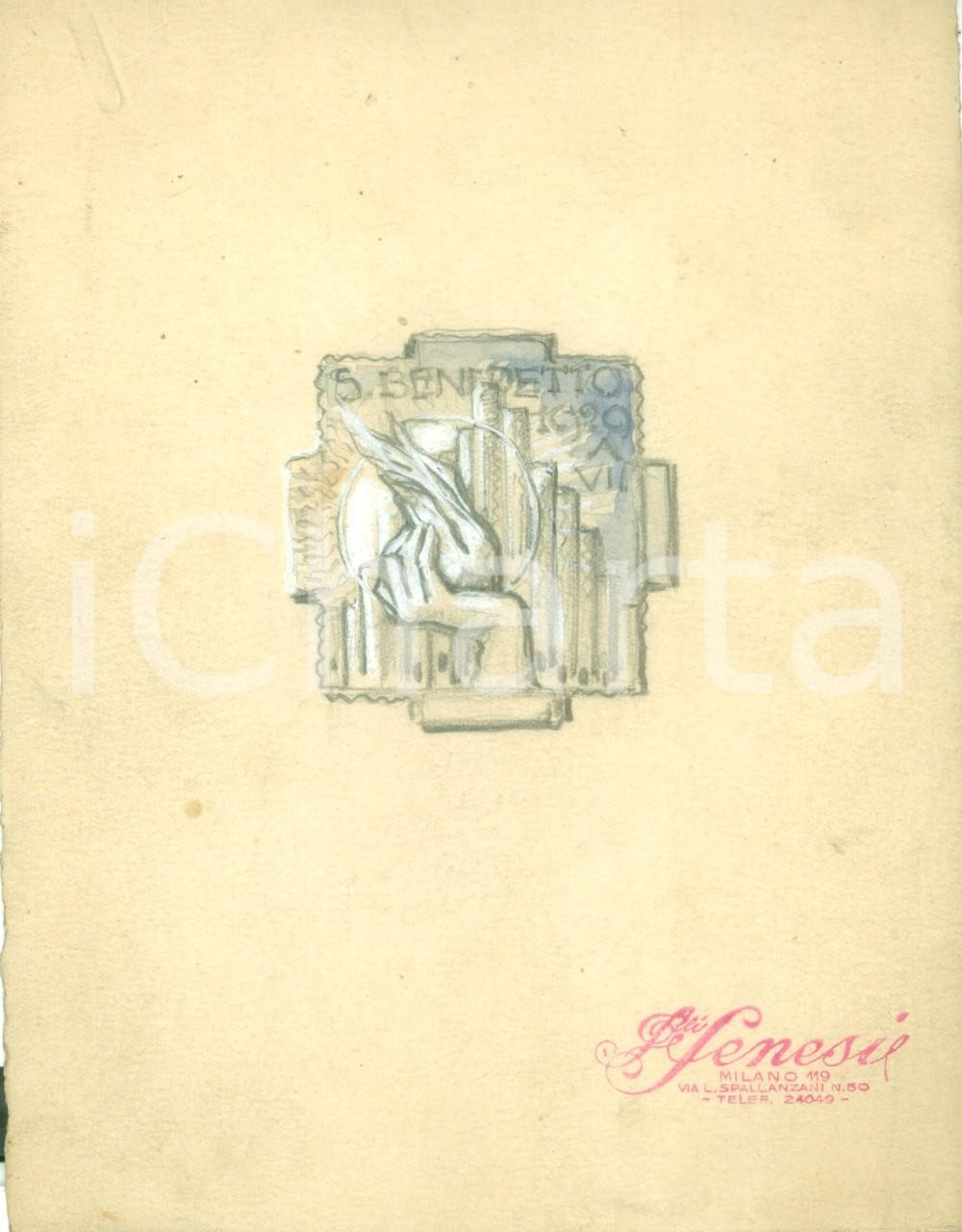 Stampa, bozzetto originale 1929 MONTECASSINO Celebrazioni San Benedetto di NORCIA Bozzetto DISEGNATO A MANO 1
