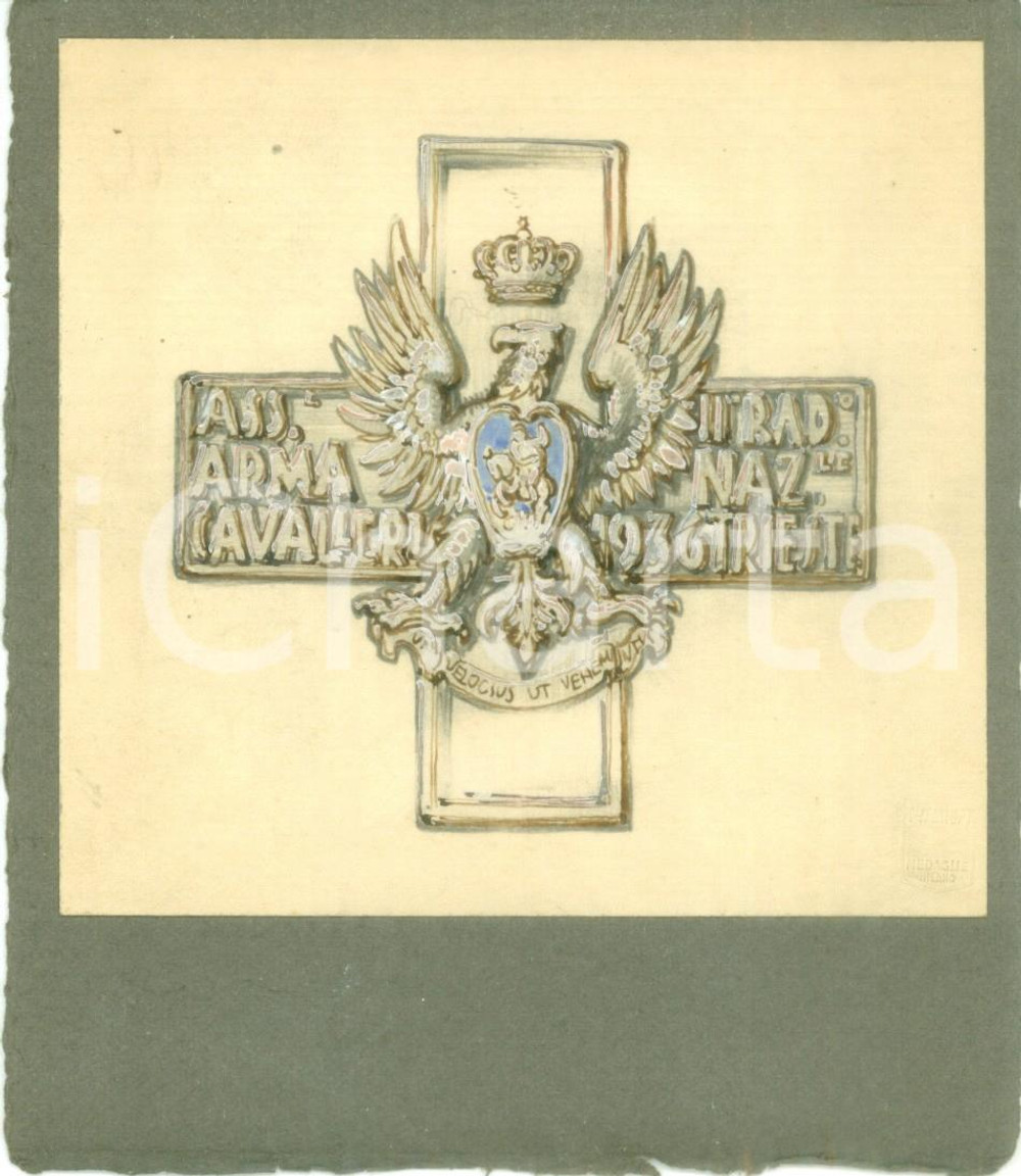 Stampa, bozzetto originale 1936 TRIESTE Associazione Arma Cavalieri II Raduno Bozzetto DISEGNATO A MANO 1