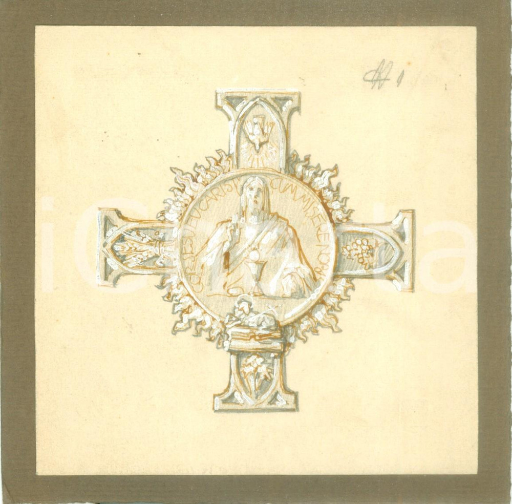 1935 ca MILANO Cor Iesu Eucaristicum *Bozzetto DISEGNATO A MANO per croce
