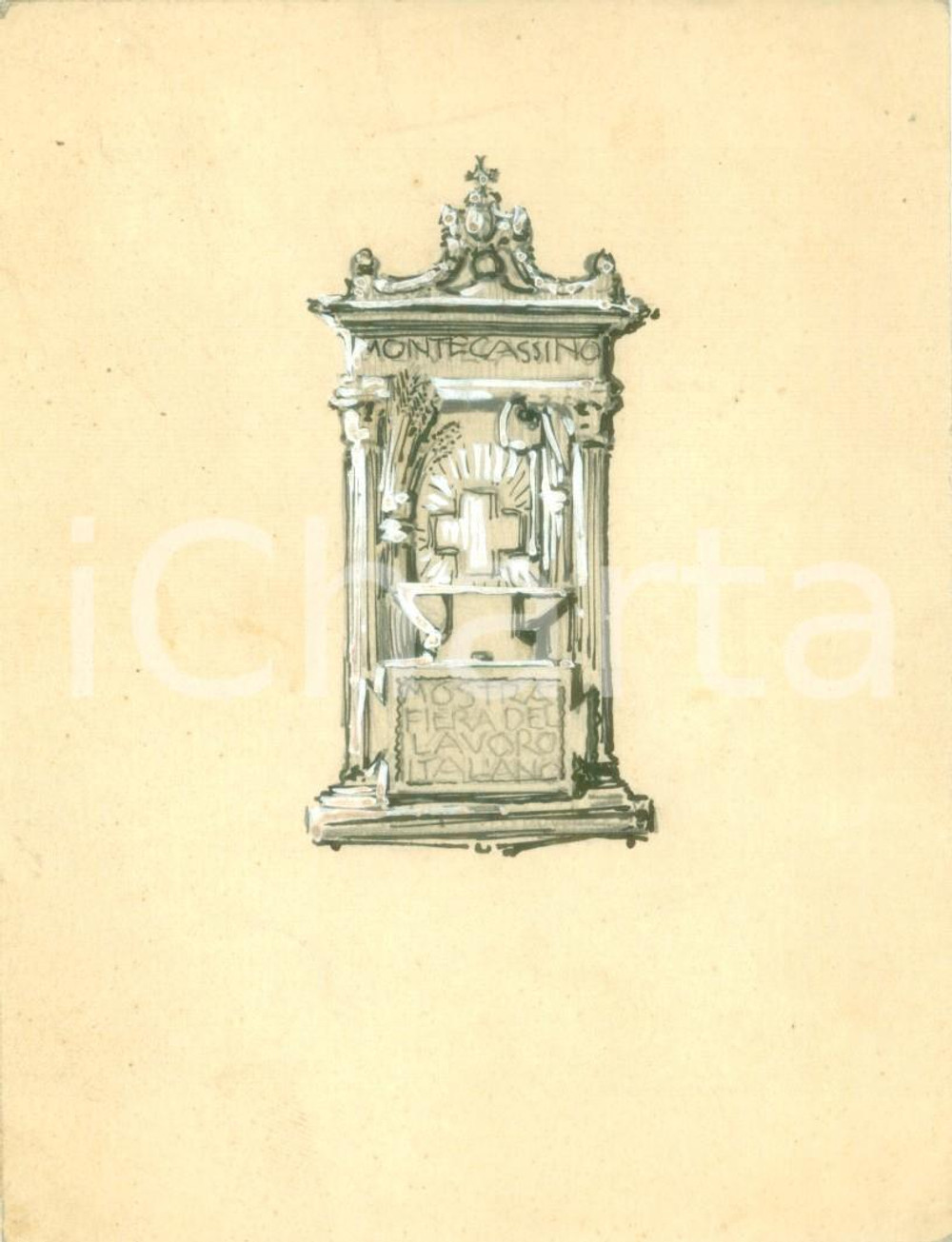 Stampa, bozzetto originale 1929 MONTECASSINO Fiera Lavoro Italiano Bozzetto DISEGNATO A MANO per medaglia 1