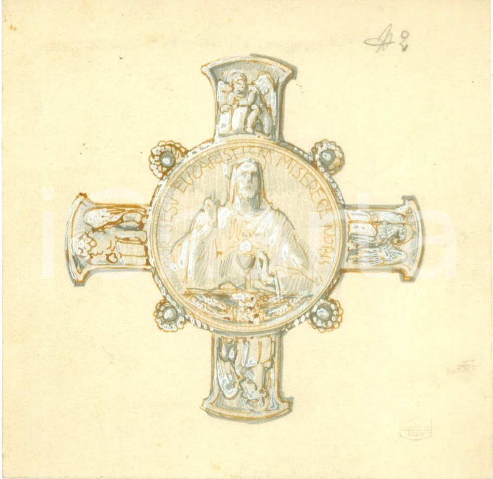 Stampa, bozzetto originale 1935 ca MILANO Cor Iesu Eucaristicum Bozzetto DISEGNATO A MANO per croce 1
