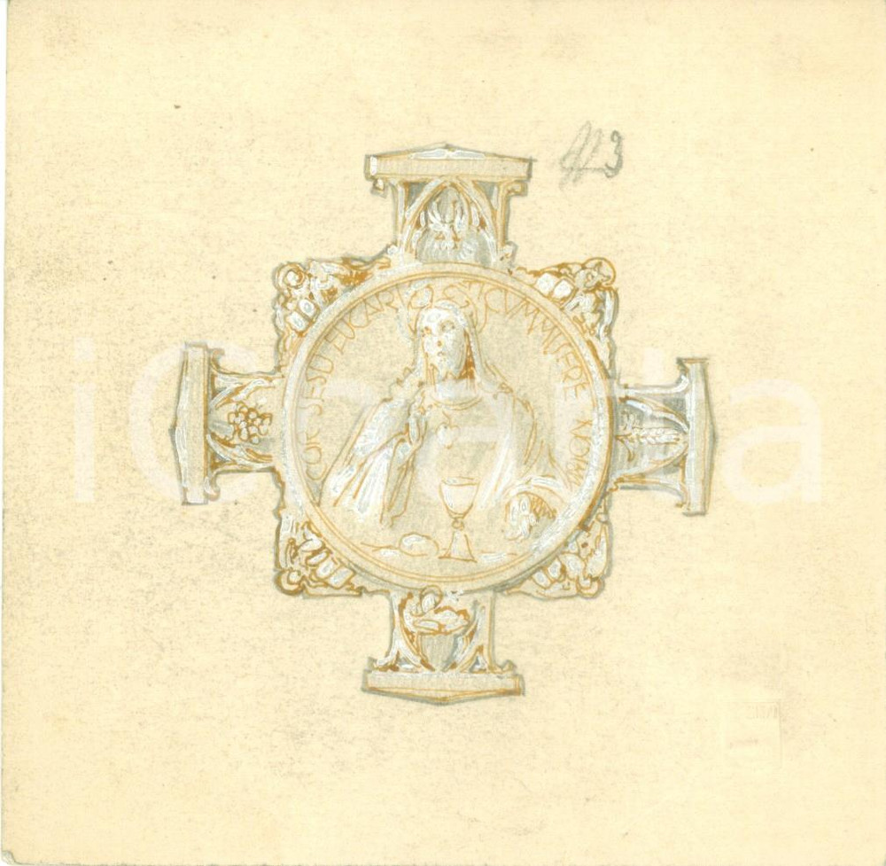 Stampa, bozzetto originale 1935 ca MILANO Cor Iesu Eucaristicum Bozzetto DISEGNATO A MANO per crocifisso 1