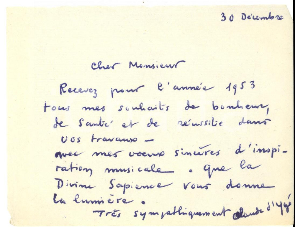1953 PARIS (?) Auguri di Claude D'YGE' a un musicista *Biglietto AUTOGRAFO