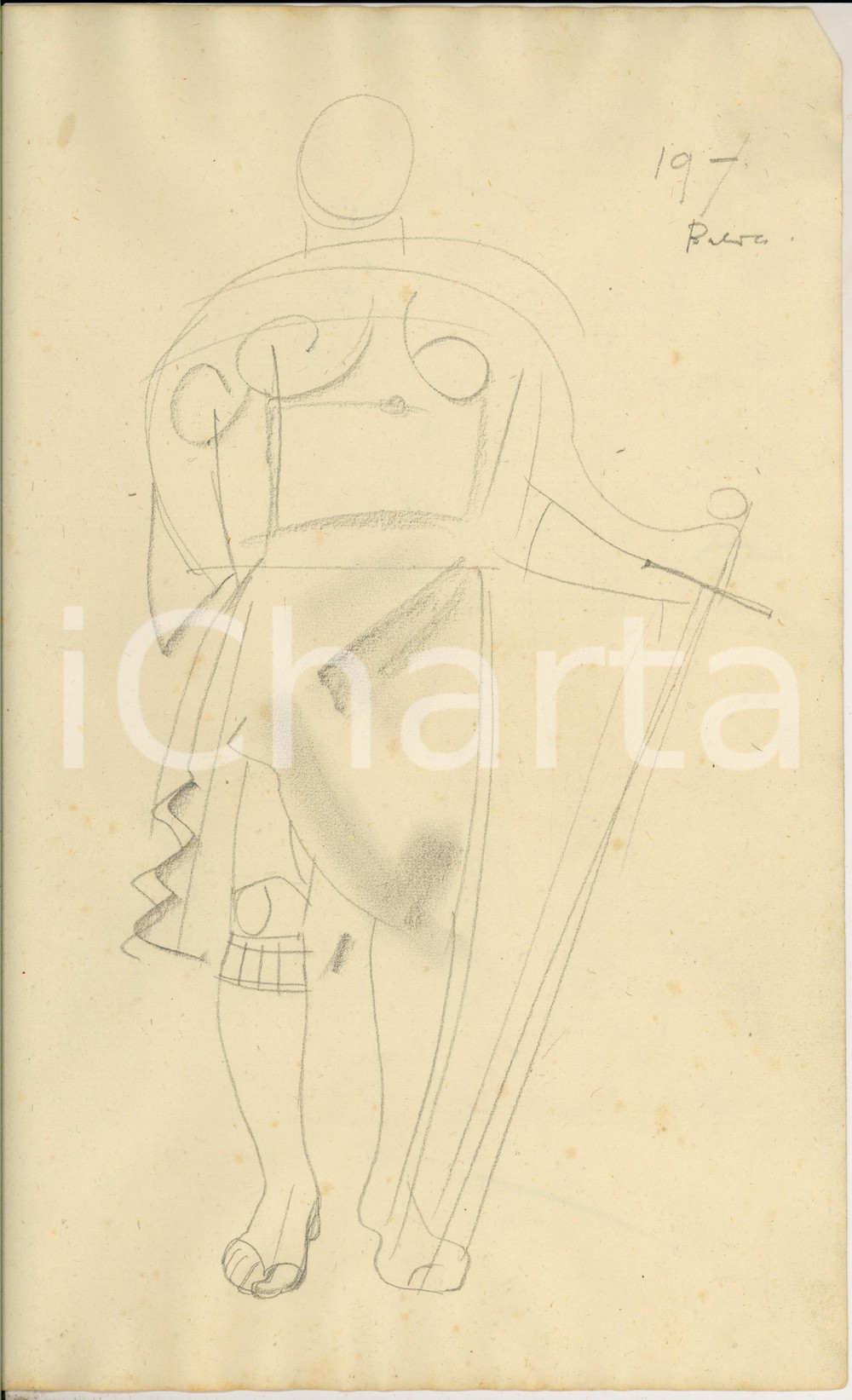 Opera d’arte autentica 1925 ca EMILIO AMBRON Studio per guerriero antico Disegno a matita 24x35 cm 1