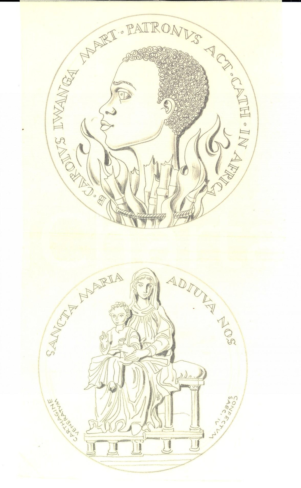 1930 ca ARTE Bozzetti medaglie SAN CARLO LWANGA e Madonna DISEGNATI A MANO