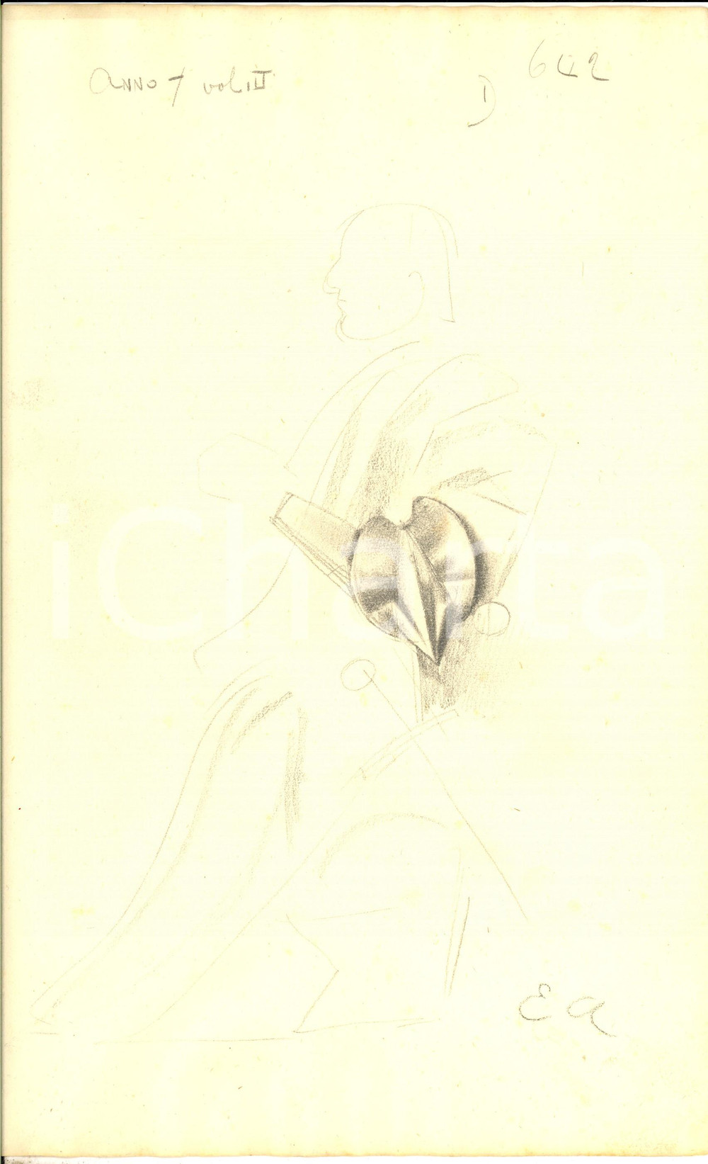 Opera d’arte autentica 1927 EMILIO AMBRON Guerriero in movimento Disegno a matita per DEDALO 24x35 cm 1