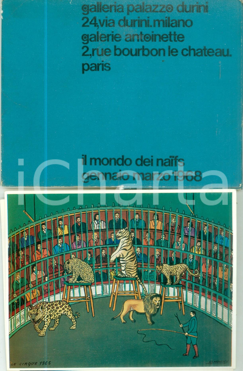 Materiale pubblicitario d’epoca 1968 MILANO Galleria Palazzo DURINI Mondo dei naifs con 12 cartoline ILLUSTRATE 1
